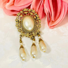Load image into Gallery viewer, Beautiful Gilded Age Victorian goldtone filigree oval faux pearl cabochon brooch with teardrop dangles