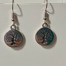 Load image into Gallery viewer, Family Tree or Tree of Life World Tree silvertone earrings with optional gemstone or crystal bead
