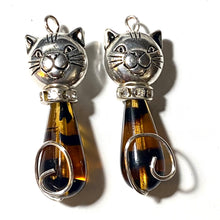 Load image into Gallery viewer, Tortoiseshell Cat: silvertone and amber/black Czech glass teardrop cat earrings