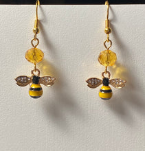 Load image into Gallery viewer, All Abuzz: enameled goldtone honeybee earrings with citrine crystal bead beekeeper apiculture bee lover gift