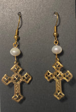 Load image into Gallery viewer, Goldtone filigree cross earrings with freshwater pearl