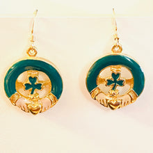 Load image into Gallery viewer, Irish shamrock Claddagh earrings in goldtone and green enamel with 14k gold-filled earwires