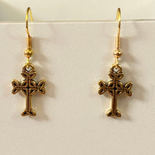 Load image into Gallery viewer, Celtic cross dainty silvertone or goldtone earrings with optional gemstone bead