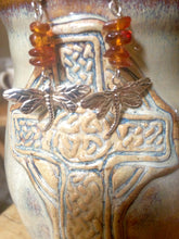 Load image into Gallery viewer, Dragonfly In Amber goldtone or silvertone dragonfly earrings with genuine Baltic Amber Outlander fan gift jewelry