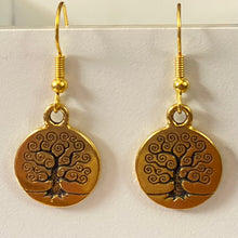 Load image into Gallery viewer, Family Tree or Tree of Life World Tree goldtone earrings with optional gemstone or crystal bead