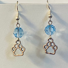 Load image into Gallery viewer, Helena Huskies paw print sports fan earrings withchoice of crystal or pearl bead in team colors