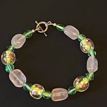 Load image into Gallery viewer, Easter Parade: pastel pink, green, and yellow rose quartz and floral lampwork glass bead bracelet
