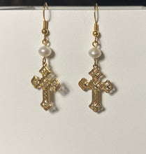Load image into Gallery viewer, Goldtone filigree cross earrings with freshwater pearl