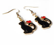 Load image into Gallery viewer, Black Cat or White Cat with heart enamel charm earrings 3 styles cat lover cat lady gift