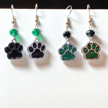 Load image into Gallery viewer, Pelham Panthers sports fan green and black paw print earrings