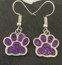 Load image into Gallery viewer, LSU Tigers or UNA Lions sports fan paw earrings: purple glitter enamel paw with optional gold crystal bead.