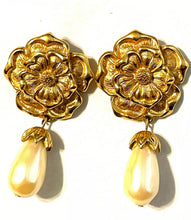 Load image into Gallery viewer, Vintage Avon Summerset Tudor Rose gripoix gold and faux pearl pierced earrings