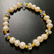 Load image into Gallery viewer, Freshwater baroque pearl and crystal bracelet with gold filigree beads wedding bridal jewelry