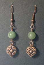 Load image into Gallery viewer, Green aventurine and antique copper disc drop earrings