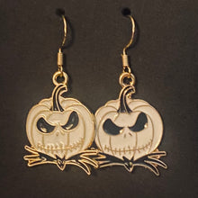 Load image into Gallery viewer, Holiday Nightmare Halloween &amp; Christmas Jack Skellington Pumpkin King and Sally goldtone or black enamel earrings in a variety of styles
