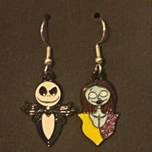 Load image into Gallery viewer, Holiday Nightmare Halloween &amp; Christmas Jack Skellington Pumpkin King and Sally goldtone or black enamel earrings in a variety of styles

