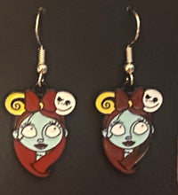 Load image into Gallery viewer, Holiday Nightmare Halloween &amp; Christmas Jack Skellington Pumpkin King and Sally goldtone or black enamel earrings in a variety of styles
