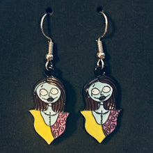 Load image into Gallery viewer, Holiday Nightmare Halloween &amp; Christmas Jack Skellington Pumpkin King and Sally goldtone or black enamel earrings in a variety of styles
