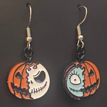 Load image into Gallery viewer, Holiday Nightmare Halloween &amp; Christmas Jack Skellington Pumpkin King and Sally goldtone or black enamel earrings in a variety of styles
