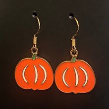 Load image into Gallery viewer, Pumpkin Patch fall-themed goldtone and enamel pumpkin earrings in a variety of styles
