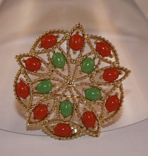 Load image into Gallery viewer, Sarah Coventry “Acapulco” vintage 1969 faux carnelian &amp; jade demi-parure brooch &amp; earrings set
