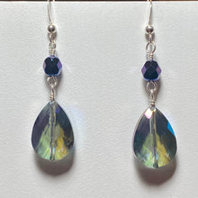 Load image into Gallery viewer, Dark blue iridescent crystal and sterling drop earrings
