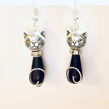 Load image into Gallery viewer, Cat Earrings: silvertone and Czech glass teardrop cat earrings in a rainbow of colors
