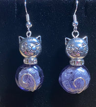 Load image into Gallery viewer, Lavender Cat: silvertone and lavender glass bead cat earrings

