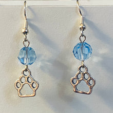 Load image into Gallery viewer, Helena Huskies paw print sports fan earrings withchoice of crystal or pearl bead in team colors
