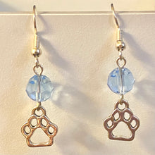 Load image into Gallery viewer, Helena Huskies paw print sports fan earrings withchoice of crystal or pearl bead in team colors
