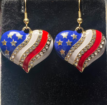 Load image into Gallery viewer, American Heart patriotic rhinestone and enamel flag earrings stars and stripes 4th of July holiday jewelry
