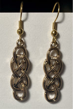 Load image into Gallery viewer, Celtic knot rectangular bar earrings, antique goldtone
