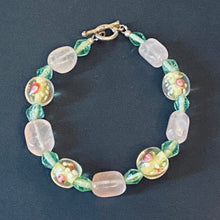 Load image into Gallery viewer, Easter Parade: pastel pink, green, and yellow rose quartz and floral lampwork glass bead bracelet
