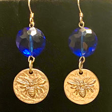 Load image into Gallery viewer, Bee Royal: matte goldtone and royal blue honeybee earrings Outlander fan beekeeper bee lover gift
