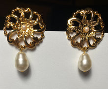 Load image into Gallery viewer, Vintage Avon 1992 “Flower Blossom” ornate gold scrollwork filigree earrings w faux seed pearl and teardrop pearl dangle
