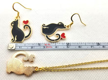 Load image into Gallery viewer, Black Cat or White Cat with heart enamel charm earrings 3 styles cat lover cat lady gift
