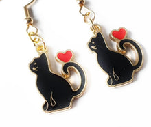 Load image into Gallery viewer, Black Cat or White Cat with heart enamel charm earrings 3 styles cat lover cat lady gift
