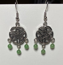 Load image into Gallery viewer, Celtic triquetra triple knot earrings w/ 3 beads (choice of gemstone/color)
