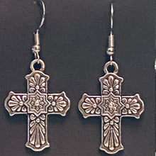 Load image into Gallery viewer, Antique silvertone floral Mexican style Talavera cross

