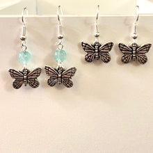 Load image into Gallery viewer, Butterfly earrings in silver or goldtone with optional gemstone bead
