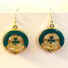 Load image into Gallery viewer, Irish shamrock Claddagh earrings in goldtone and green enamel with 14k gold-filled earwires
