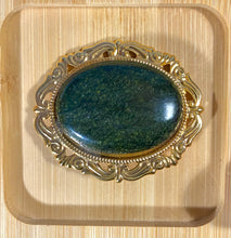 Load image into Gallery viewer, Huge goldtone brooch with serpentine gemstone cabochon
