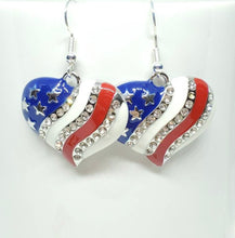 Load image into Gallery viewer, American Heart patriotic rhinestone and enamel flag earrings stars and stripes 4th of July holiday jewelry
