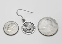 Load image into Gallery viewer, Scottish Thistle round silvertone Celtic earrings Sassenach Outlander fan gift jewelry (w/ optional crystal or pearl bead)
