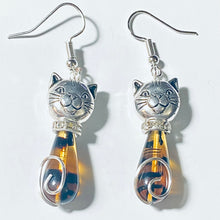 Load image into Gallery viewer, Cat Earrings: silvertone and Czech glass teardrop cat earrings in a rainbow of colors
