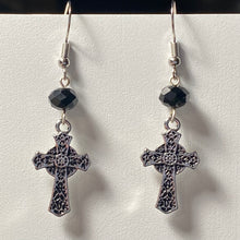 Load image into Gallery viewer, Celtic cross silvertone floral earrings with black bead Christian faith jewelry
