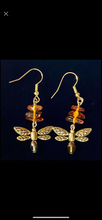 Load image into Gallery viewer, Dragonfly In Amber II goldtone or silvertone dragonfly earrings with genuine Baltic Amber Outlander fan gift jewelry
