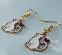 Load image into Gallery viewer, Black Cat or White Cat with heart enamel charm earrings 3 styles cat lover cat lady gift
