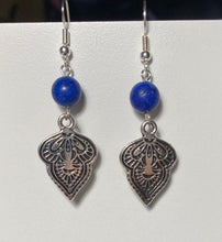 Load image into Gallery viewer, Silvertone Middle Eastern Mendhi earrings with 8mm lapis jasper bead
