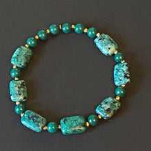Load image into Gallery viewer, African turquoise and dark green mountain jade goldtone bracelet &amp; earrings set
